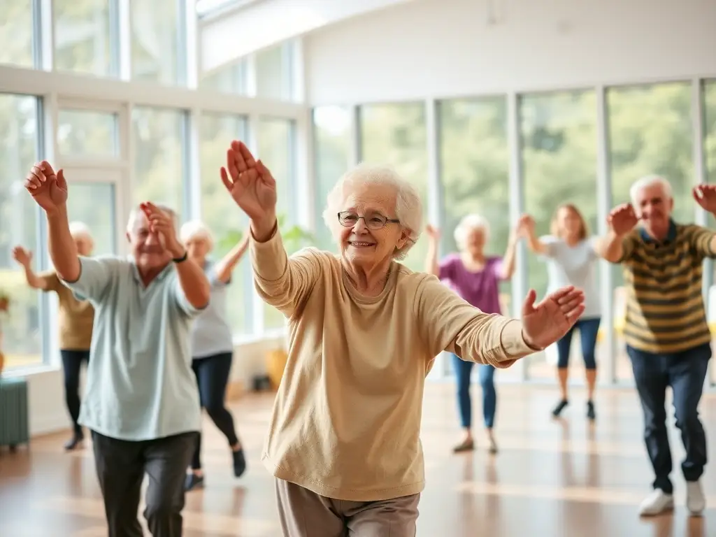 A serene image of elderly individuals engaging in a gentle exercise class at an AJS-managed care facility, highlighting the organization's focus on promoting active aging and maintaining physical health.