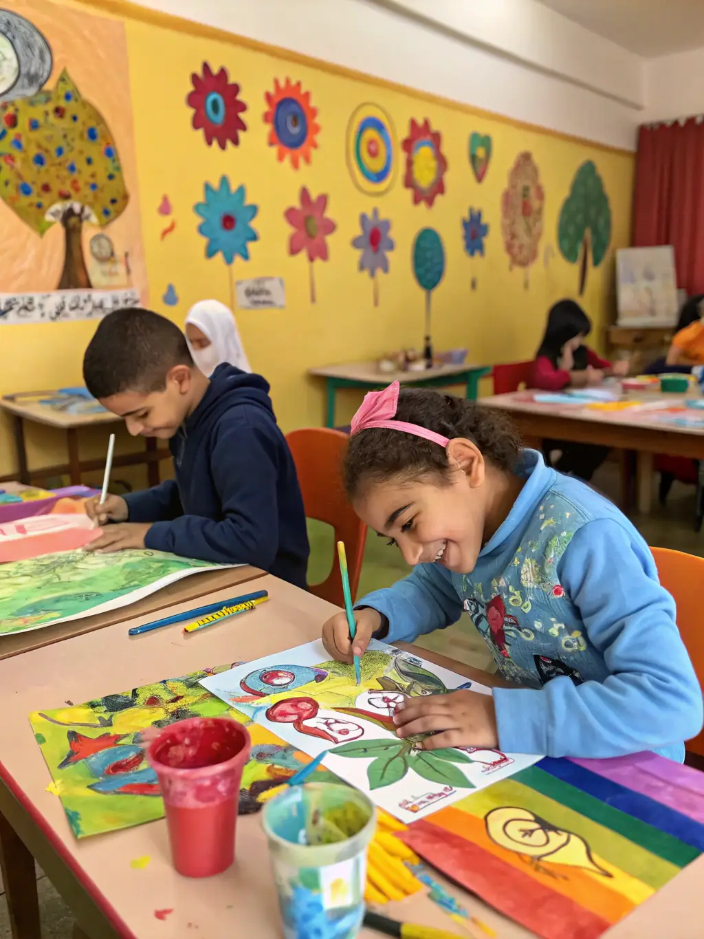 A group of children participating in an art therapy session at the AJS community center, focusing on creative expression and emotional well-being.