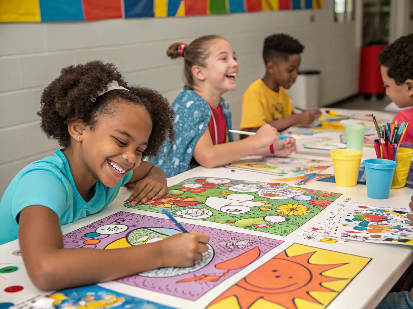 A heartwarming image depicting a group of children participating in an art therapy session at AJS, showcasing the organization's commitment to holistic child development and emotional well-being.