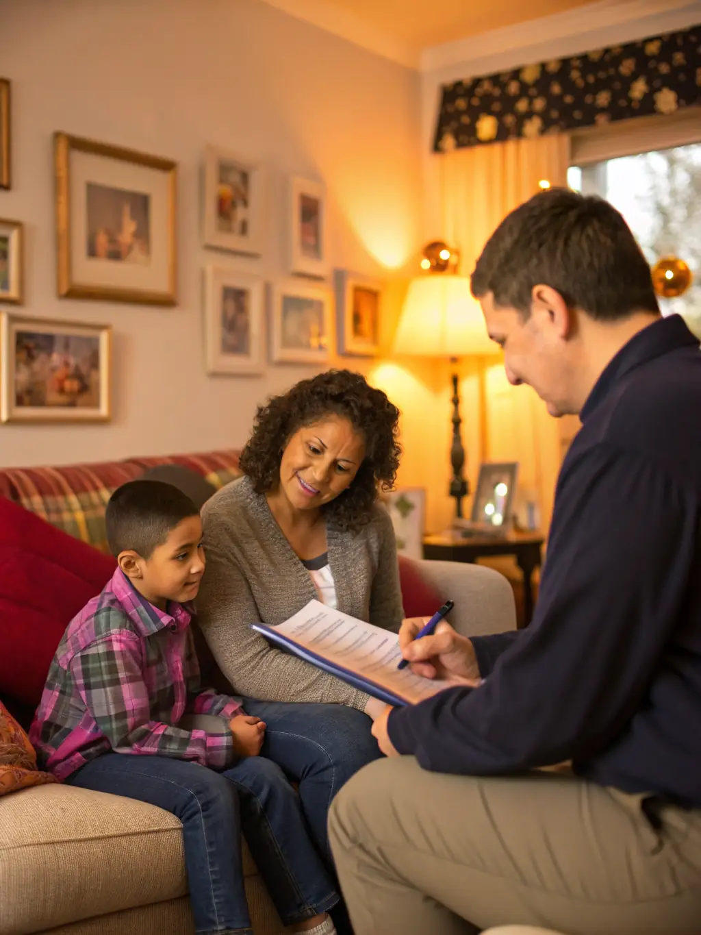 A family receiving counseling and support from a social worker at the AJS family support center, highlighting the importance of family well-being.