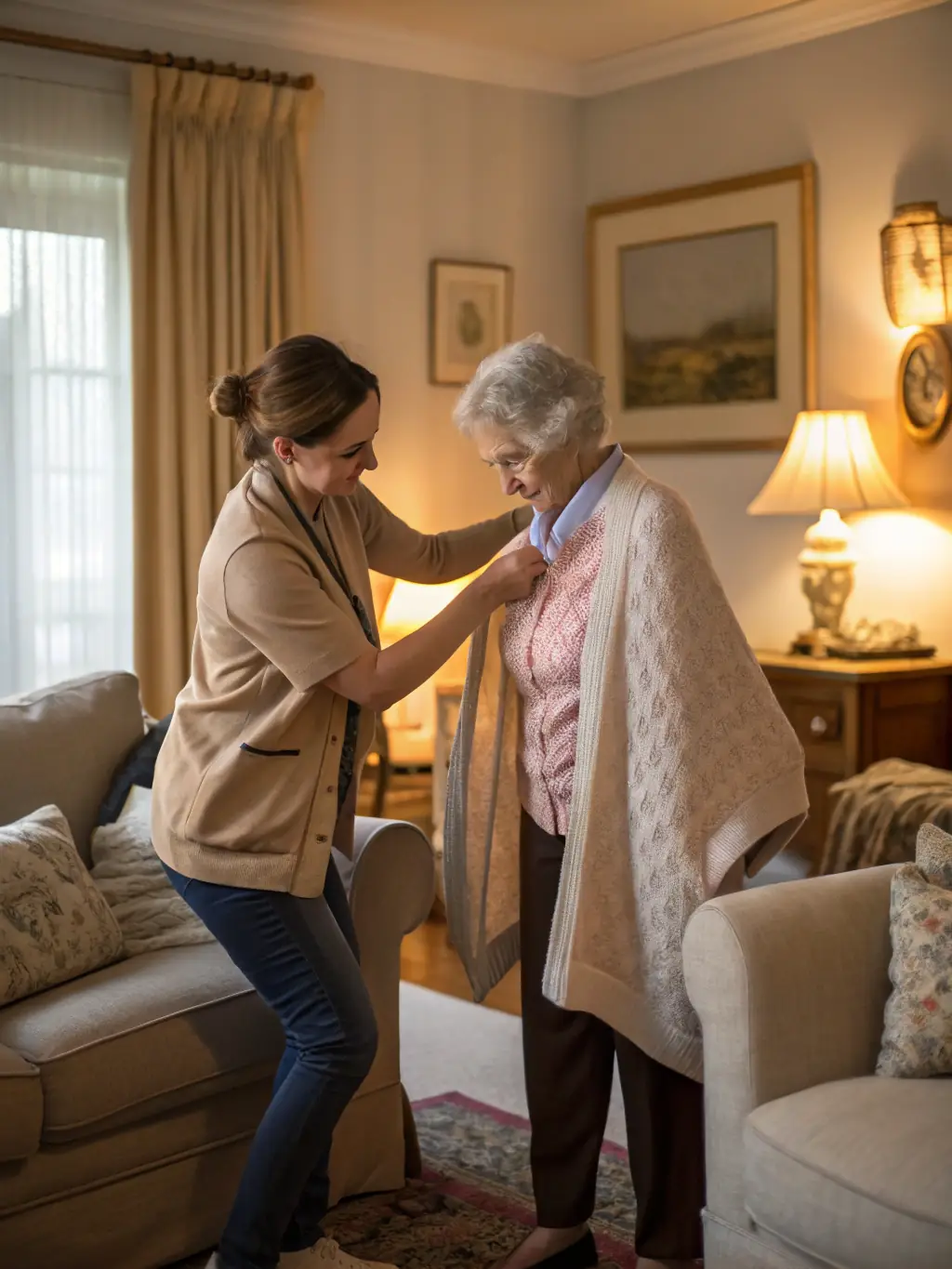 A respectful image of an elderly person receiving personalized care from an AJS caregiver, emphasizing the organization's dedication to senior well-being.