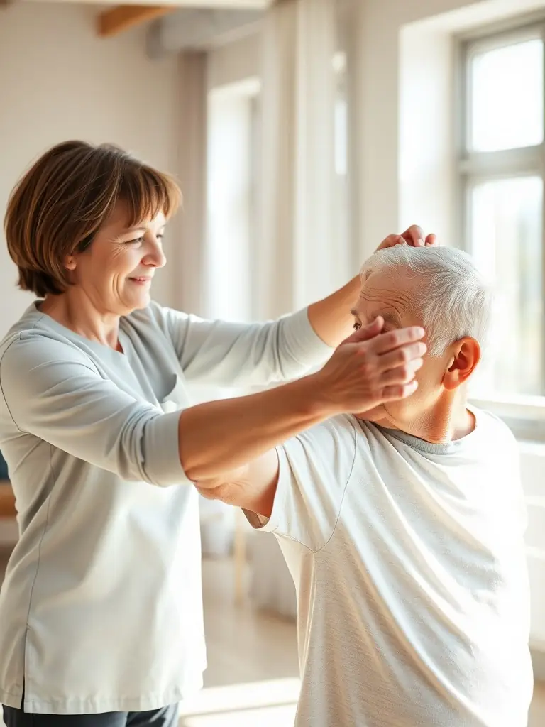 An elderly person receiving personalized physiotherapy from a healthcare professional at an AJS-managed care facility, emphasizing mobility and rehabilitation.