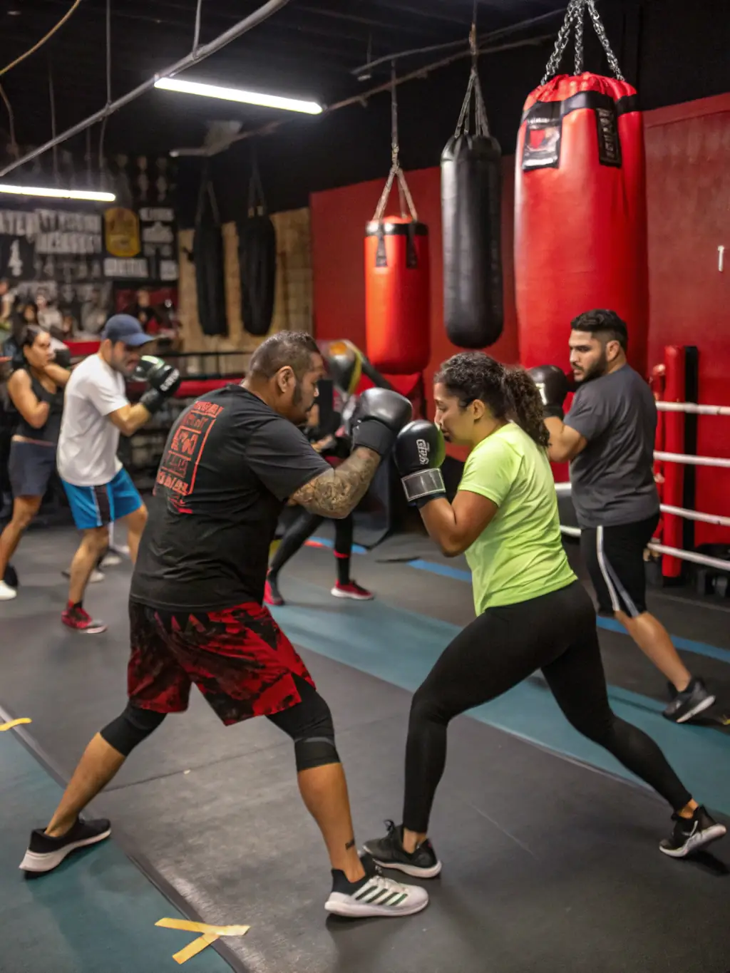 A high-energy image of a kickboxing class in progress, with participants throwing punches and kicks, led by an instructor in a spacious, well-lit studio.