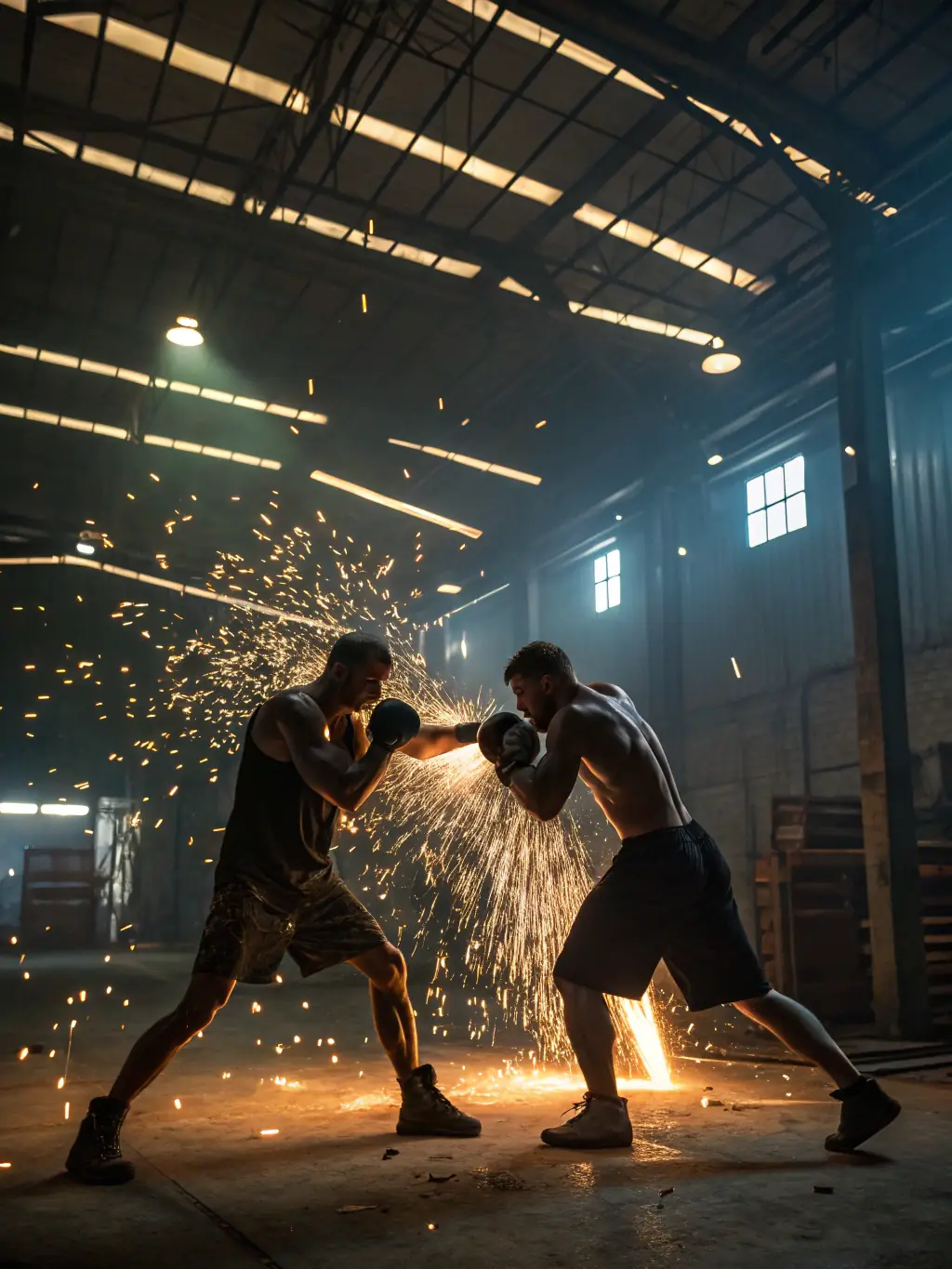 A dynamic action shot of two individuals engaged in a Muay Thai sparring session, showcasing powerful kicks and focused expressions, set in a modern gym environment.