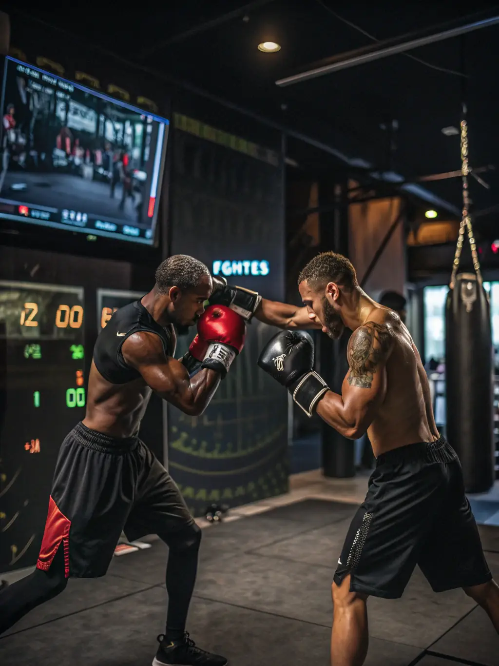 A high-action shot of a kickboxing sparring session, focusing on the intensity and skill involved, suitable for promoting an upcoming kickboxing workshop.