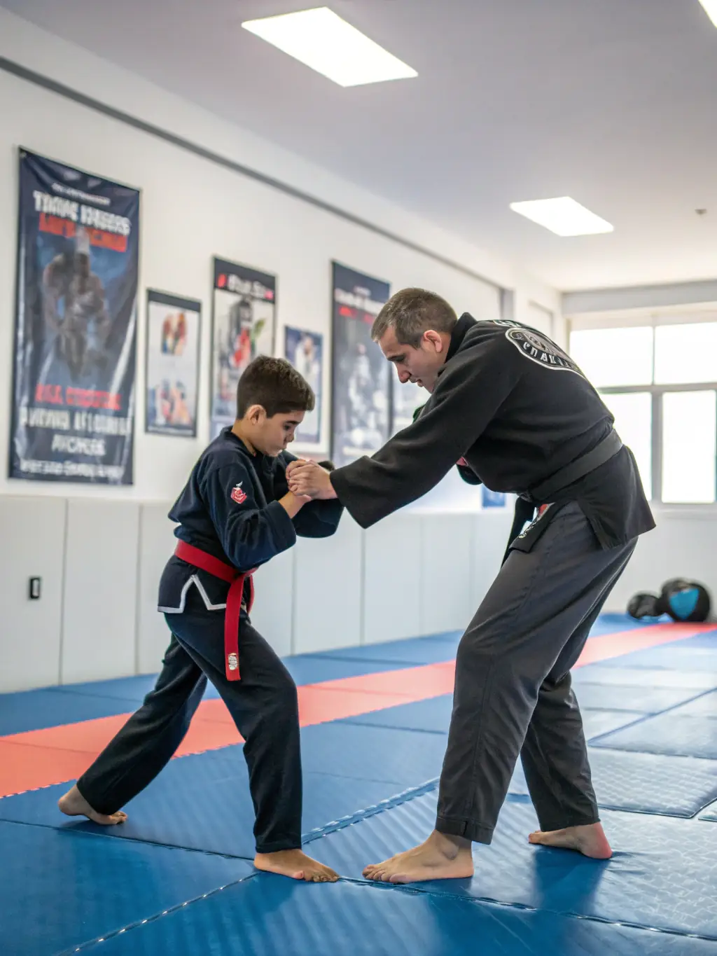 A practical demonstration of contact defense techniques, showing an instructor guiding a student through a self-defense move in a controlled and safe setting.