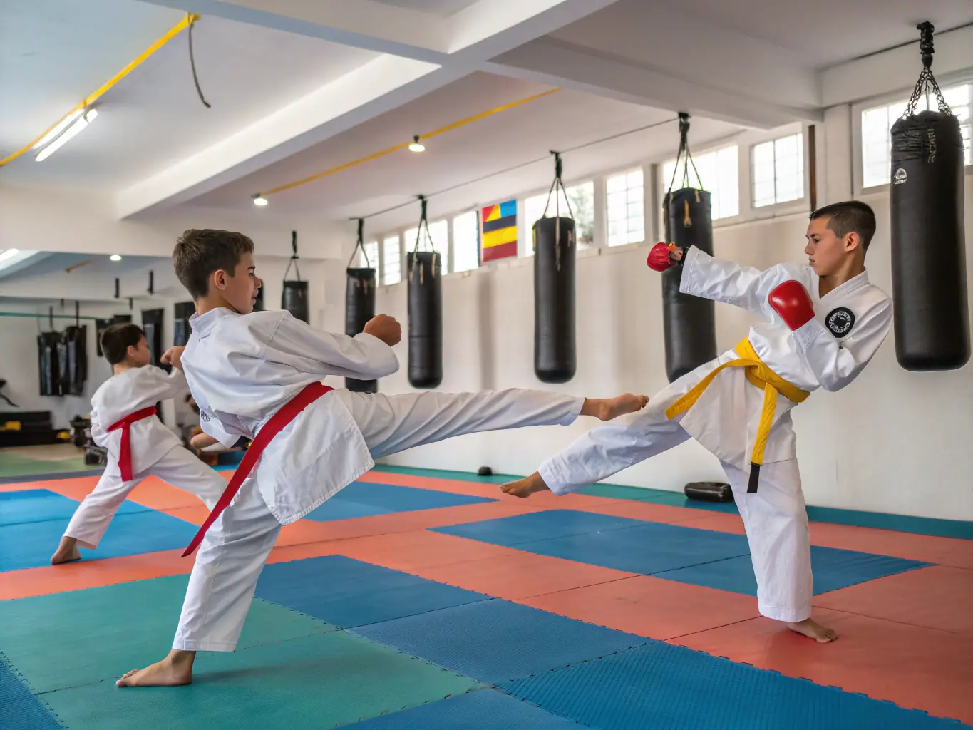 An action shot of a kickboxing class in progress, with participants practicing kicks and punches under the guidance of an instructor.