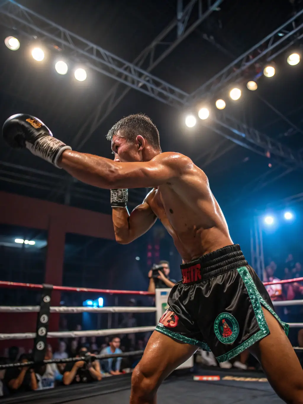 A focused image of fighters in a K1 rules match, emphasizing the intensity and strategic elements of the sport, captured in a professional fighting arena.
