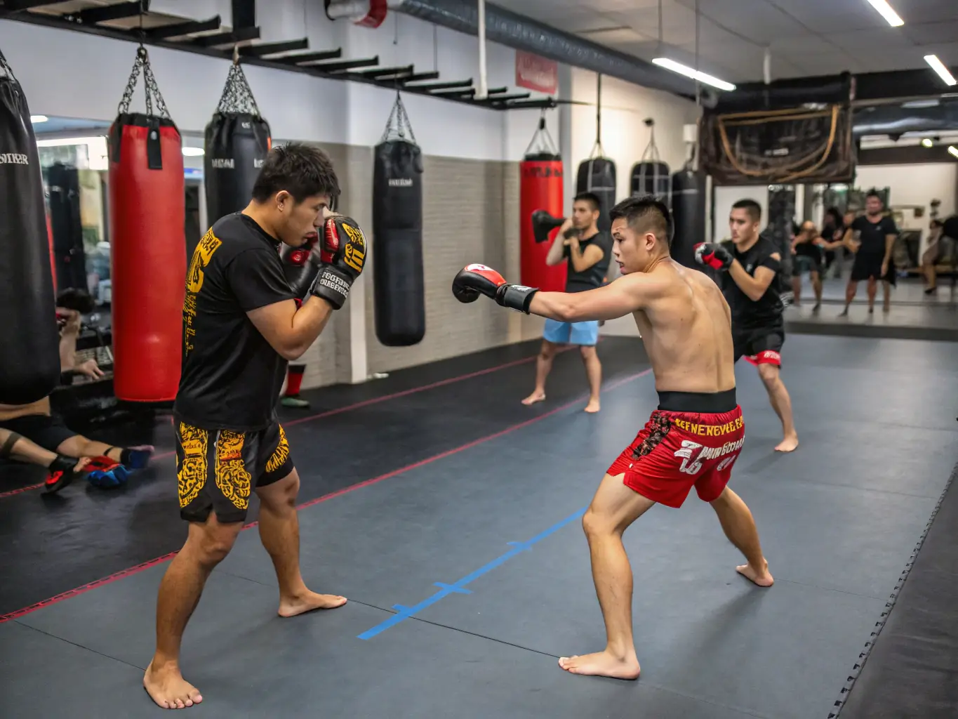 A dynamic image of a Muay Thai trainer demonstrating a technique with a student in a traditional boxing ring, showcasing the intensity and focus of the training.