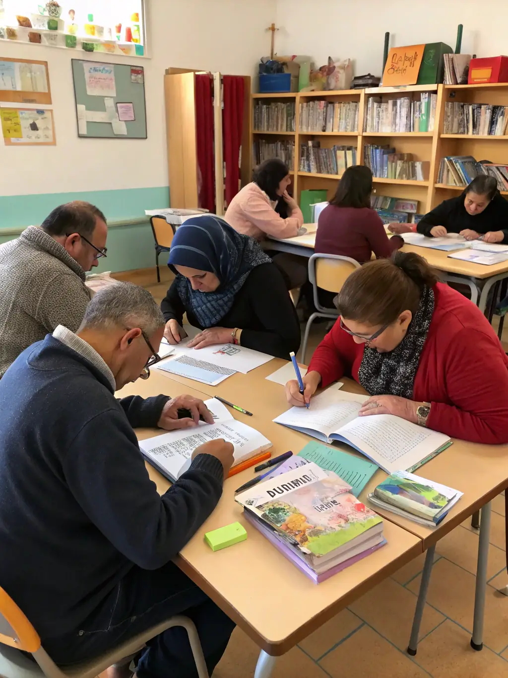 A classroom setting with adults participating in a literacy program, focused on improving reading and writing skills.