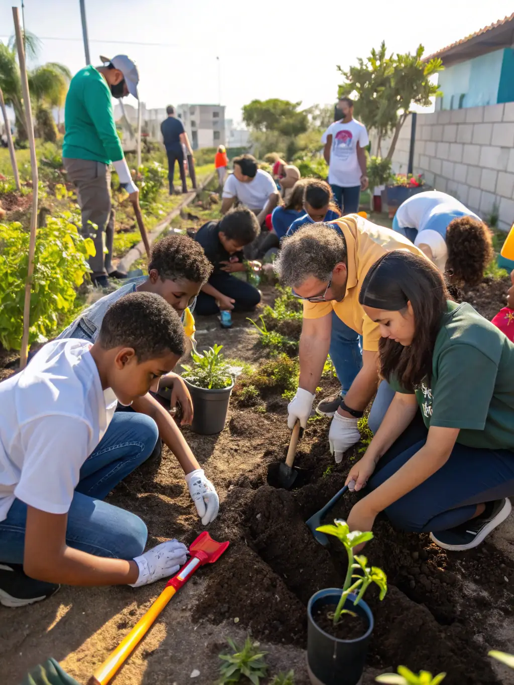 A group of diverse community members participating in a workshop on sustainable agriculture, smiling and engaged in hands-on learning.
