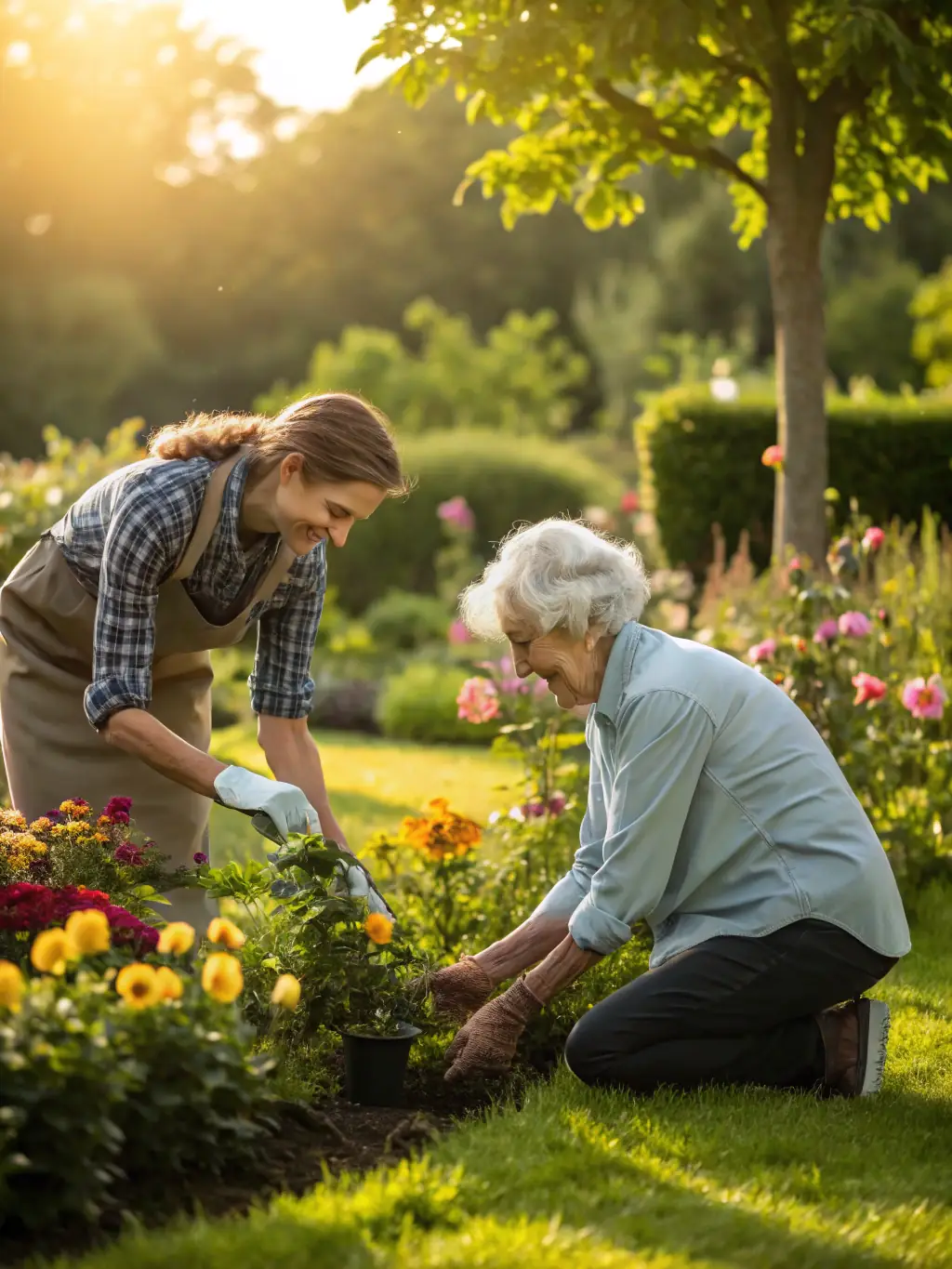 Volunteers assisting elderly residents with gardening in a community garden, fostering intergenerational connections and promoting healthy living.