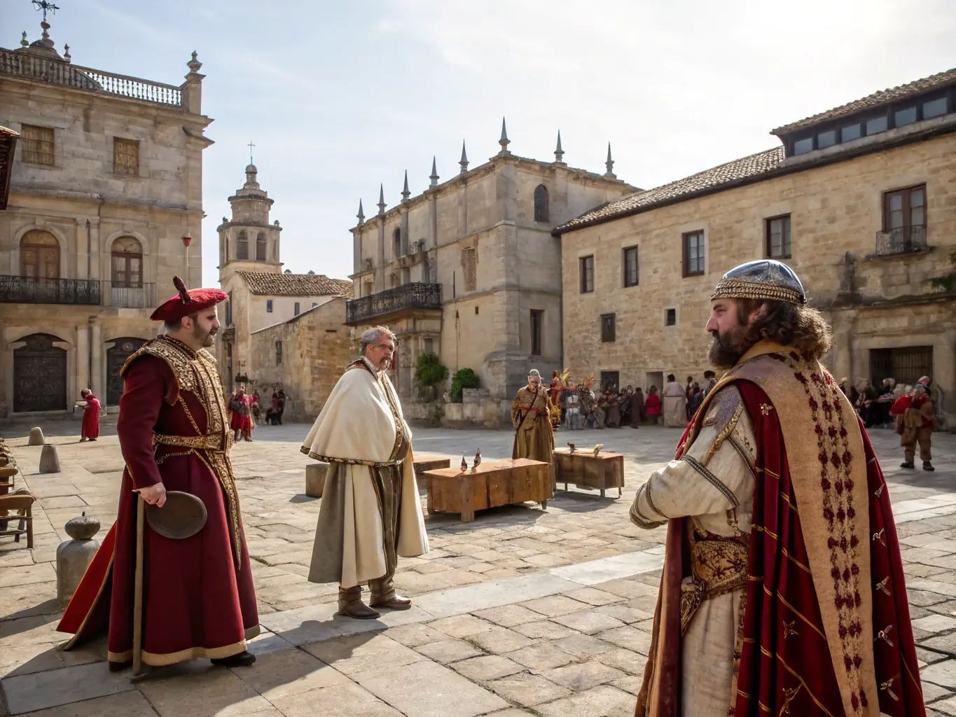 A captivating image of a historical reenactment event in Montluçon, featuring participants dressed in period costumes, engaging in traditional crafts and activities. The scene should evoke a sense of immersion in the past.