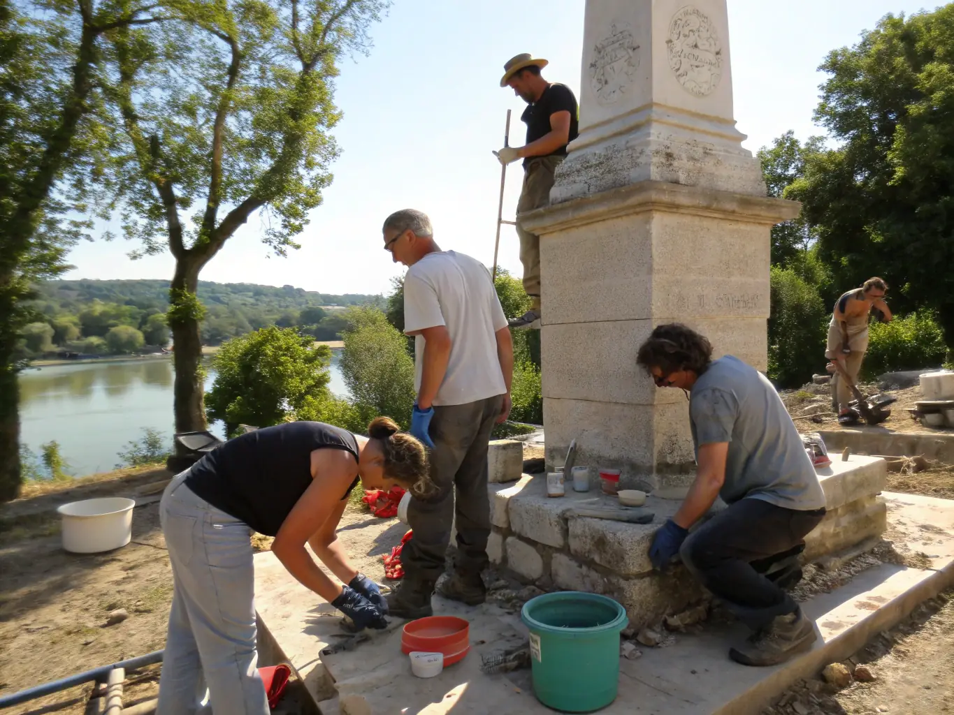 A vibrant photograph capturing a group of volunteers working diligently on the restoration of an ancient stone wall at a historical site in Montluçon. The image should convey a sense of dedication and teamwork.