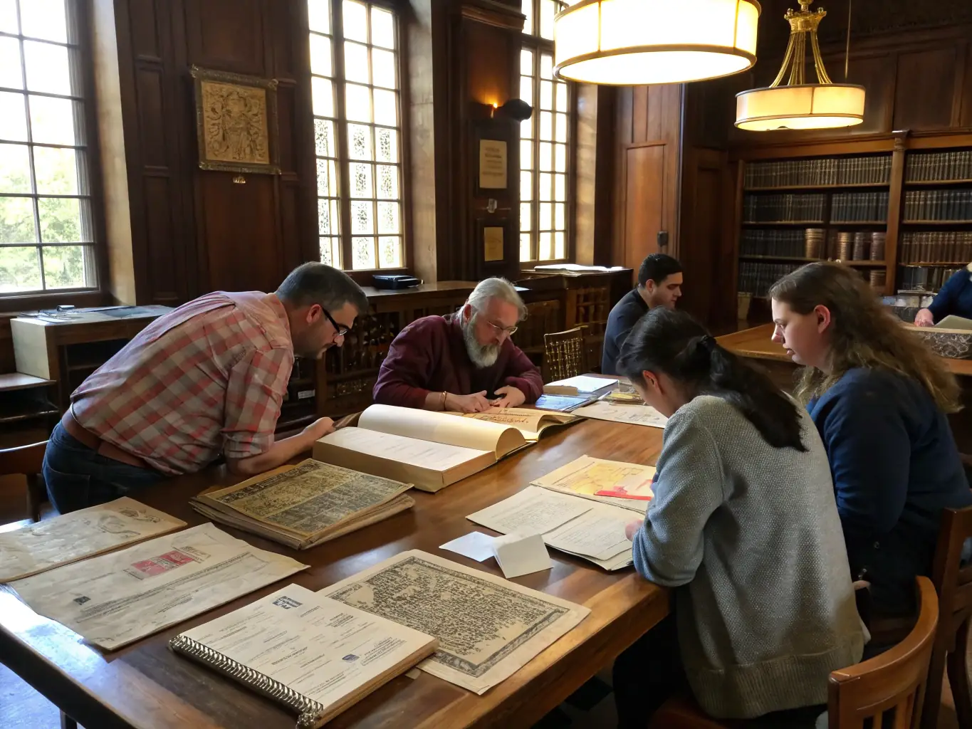 A photograph depicting a group of people participating in a historical workshop, examining old documents and artifacts, set in a well-lit room with historical displays in the background.