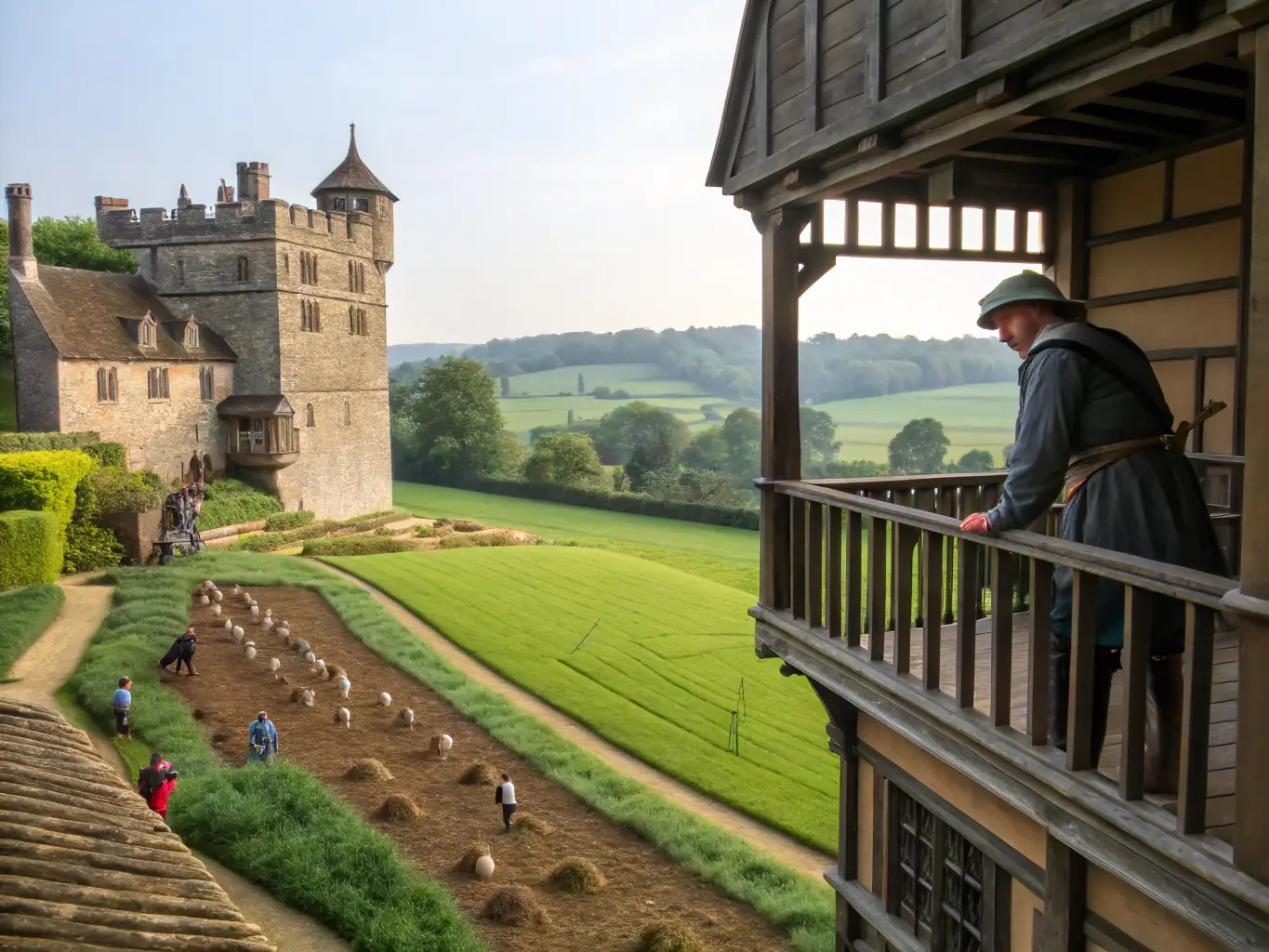 A historical reenactment event with people dressed in medieval costumes in front of a castle.