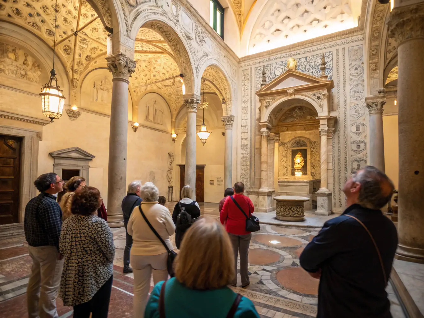 A guided tour of a historical building with a group of people listening to the guide.