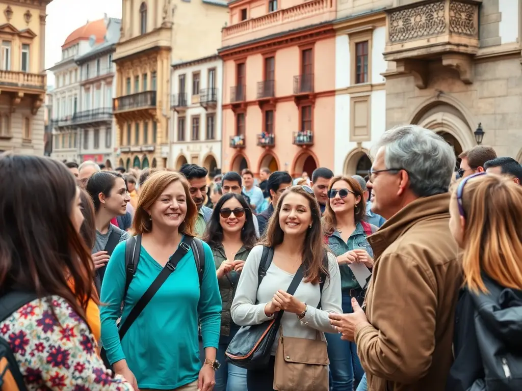 A visually appealing photograph of a guided tour group exploring the historical landmarks of Montluçon, led by a knowledgeable guide. The image should capture the group's interest and engagement with the local history.