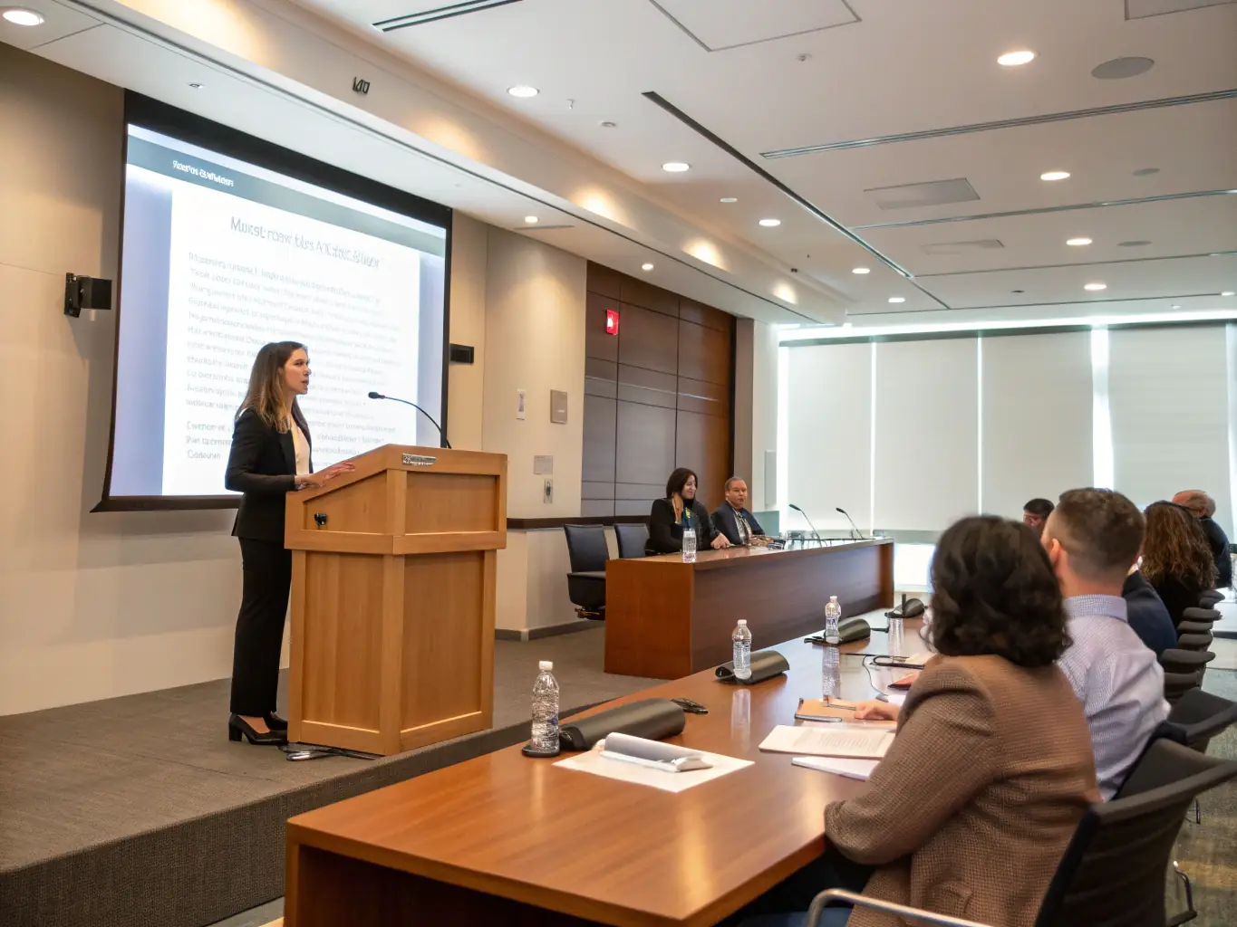A photograph showcasing a speaker presenting at a historical conference, with an engaged audience listening attentively in a modern conference hall.
